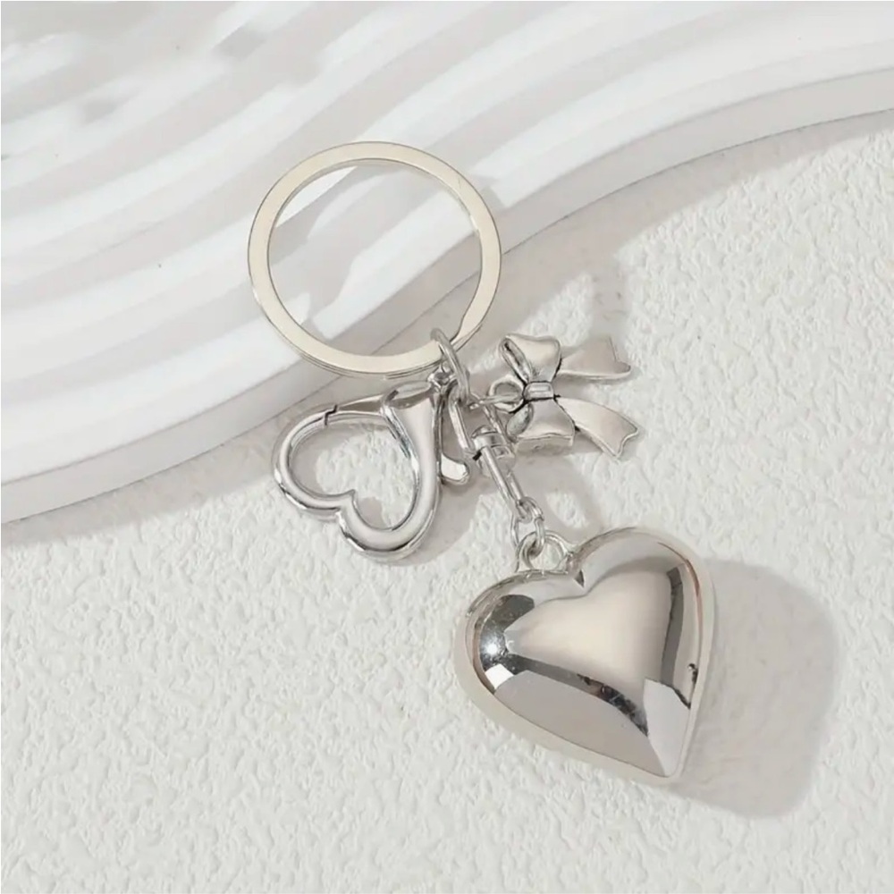 🩶 Puffed Heart & Bow Silver-Tone Keychain/Key Ring Charms, Shiny , Valentine